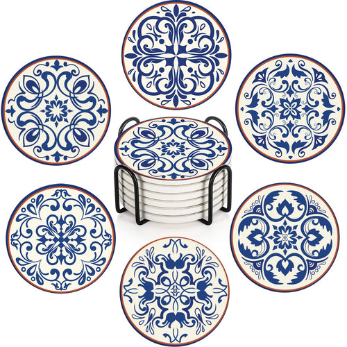 Bribay Coaster for Drinks Set of 6 Blue Vintage Spanish Ceramic Floral Absorbent Round Ceramic Stone Mat with Cork Base and Metal Holder Gift for Housewarming Room Bar Decor